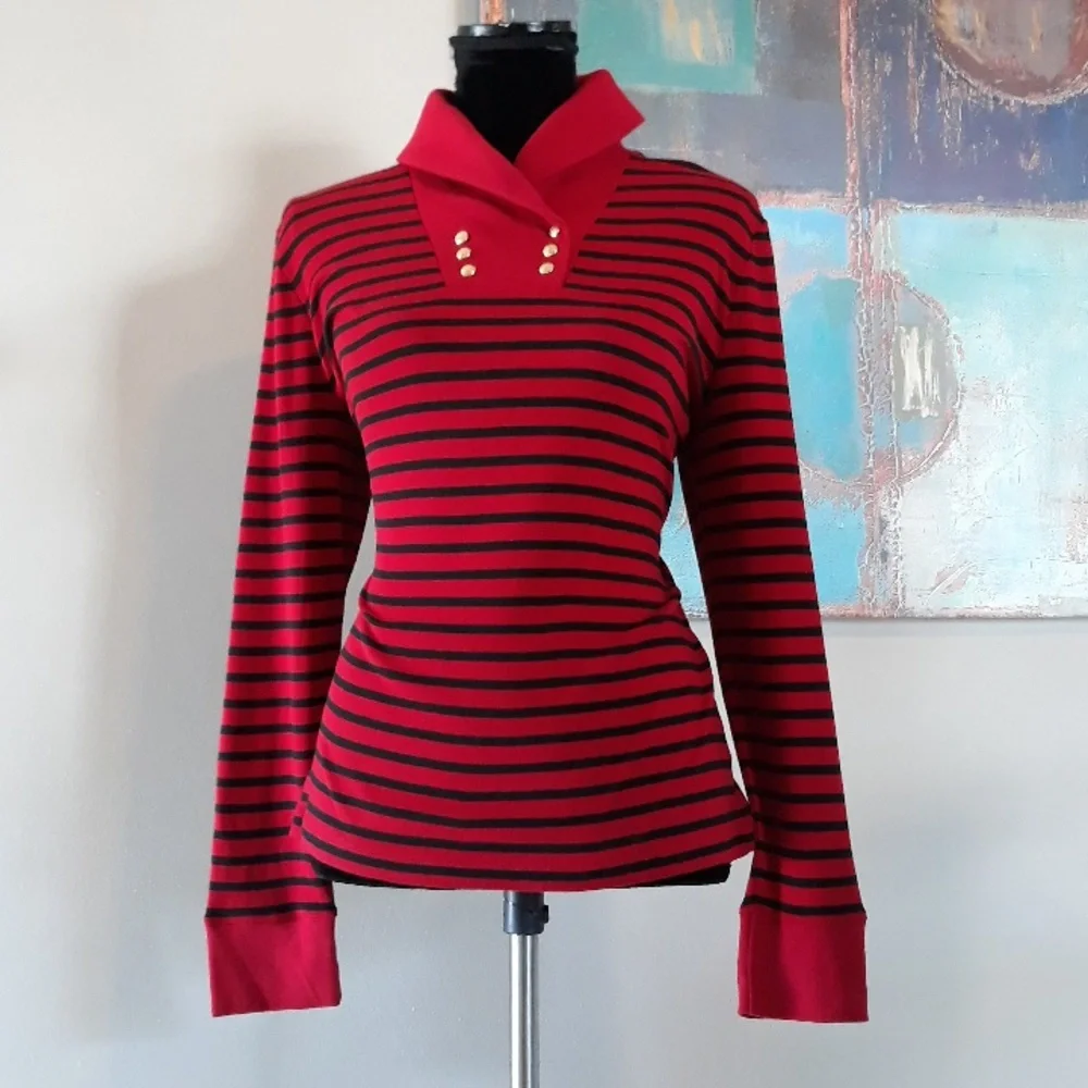 Chaps by Ralph Lauren Highland Red & Black Striped Shawl Collar Top Size L / NWT - Picture 3 of 14